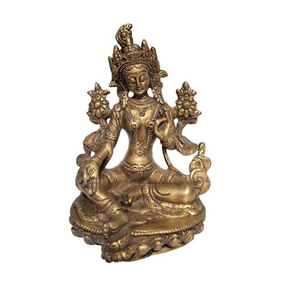 Statue Tibetan Of Green Tara Green Deity Buddhist Brass 7385 - Picture 1 of 7